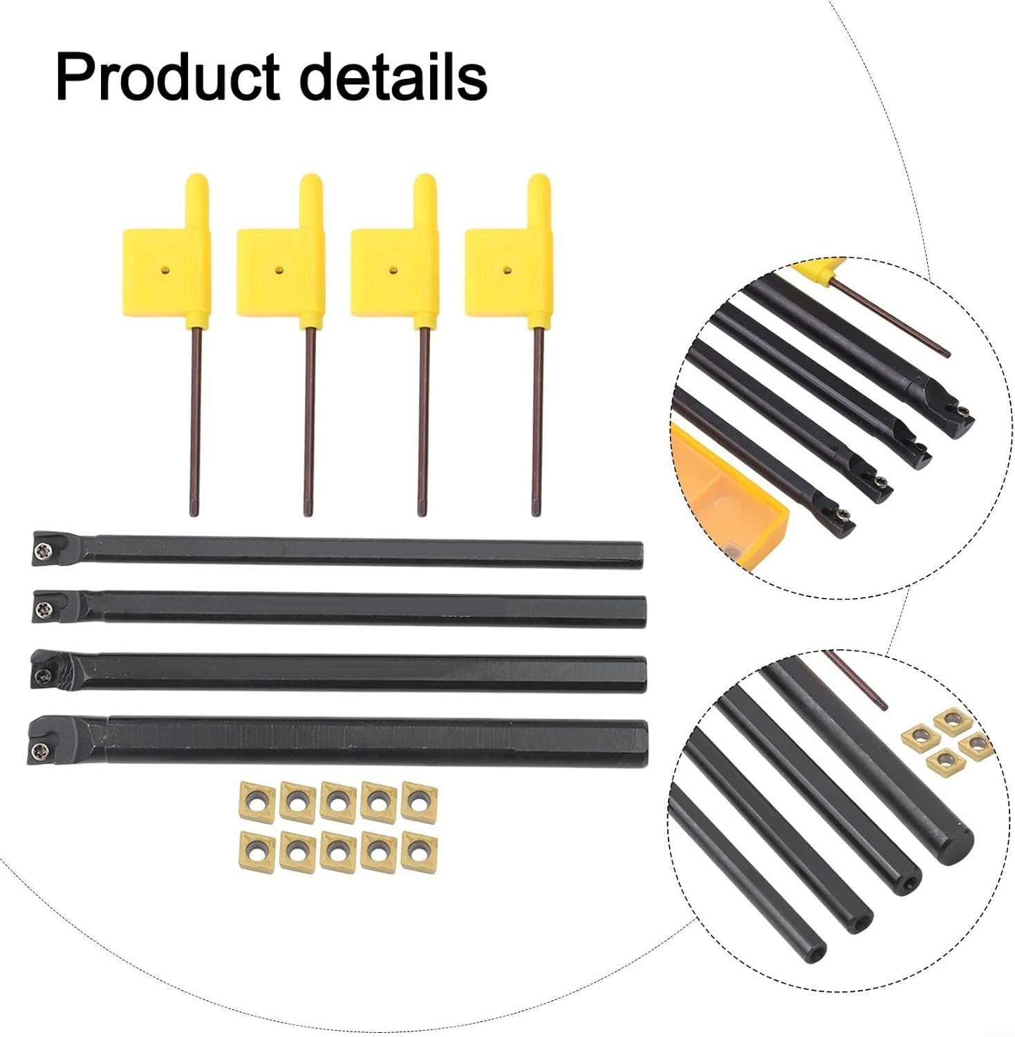 CNC Lathe Metal Boring Bars with Carbide Inserts, 4 Piece Set for Precision Steel Turning and Grinding