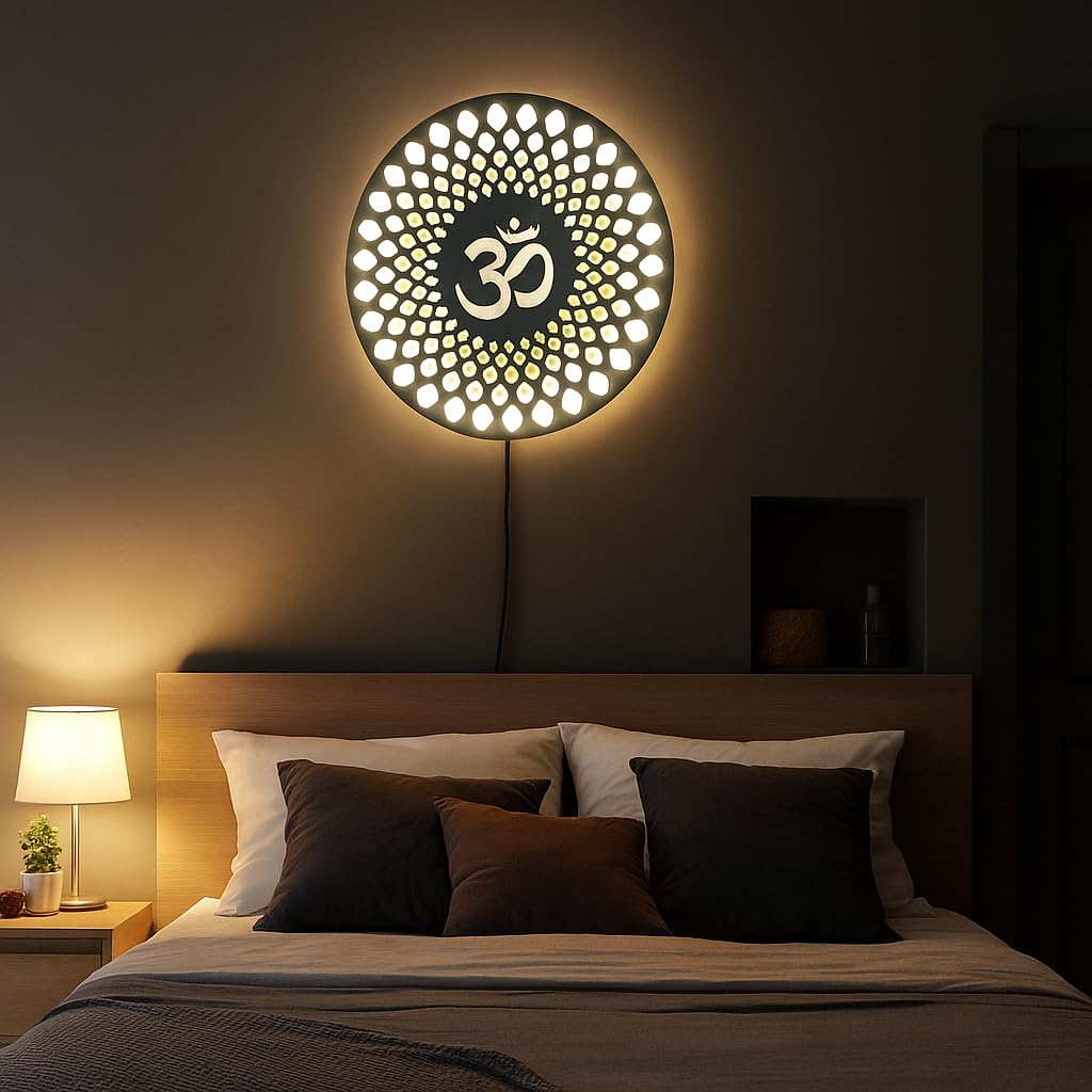M.K Handicraft OM Metal Wall Art For Temple, Living Room, Office, Hotel, Home Decor Items, Gift Item, Mandala Wall Hanging For House Decor (18 Inches, LED Backlite,Gold)