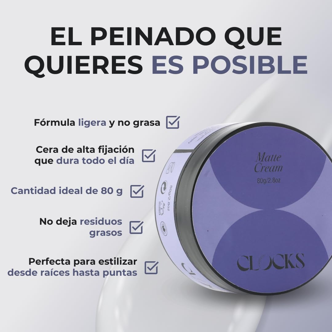 Clocks - Cera Pelo Hombre | Cera Mate Pelo Hombre | Pomada Cabello Mujer | Pomada Pelo | Fijación Fuerte y Flexible | Efecto Mate | Sin Residuos Grasos | Acabado Natural | 80g