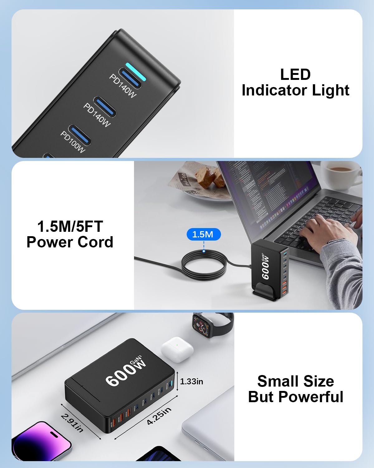 600W Caricatore USB C Multiplo - Stazione di Ricarica USB Multipla GaN III Sicuro 8 Port, Caricabatterie Multi Portatile da Viaggio con PD 100W per Laptop/QC 30W, Stazione di Ricarica Rapido