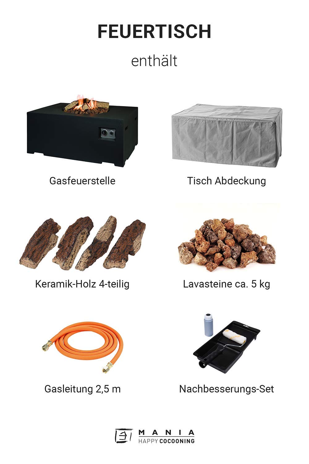 M A N I A Feuertisch für den Garten - Gas Feuerstelle ohne Rauch, Funken, Glut & Asche - Gaskamin Outdoor mit 19,5 kW in Betonoptik schwarz 107 x 80 x 46 cm - Gasfeuerstelle Terrassenkamin Kaminfeuer