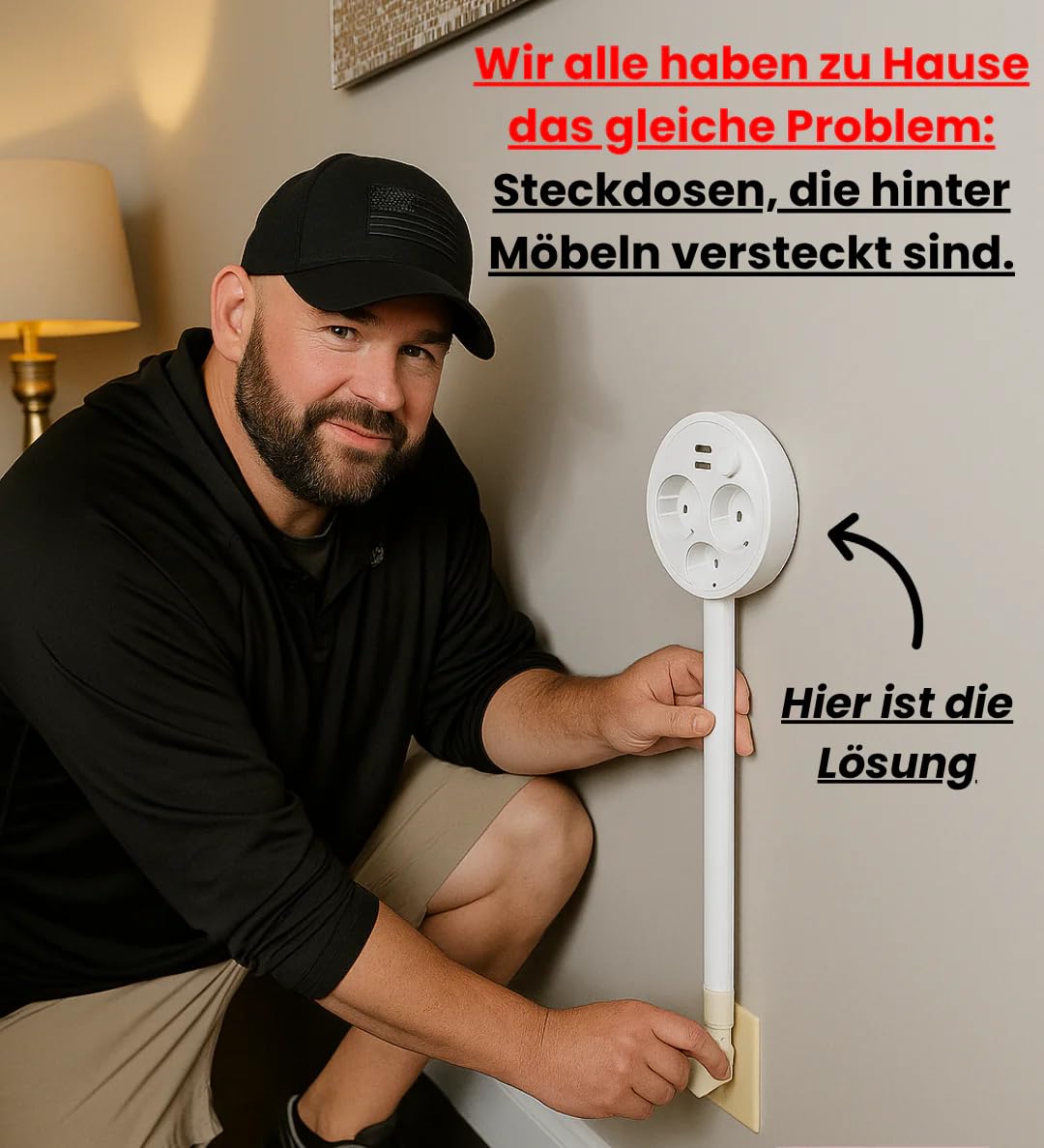 INIA – Erweiterbare und drehbare Steckdosenverlängerung Steckdosen - Verlängerung mit 360° schwenkbarer, ausziehbarer Verlängerungsstange 3 Fach Steckdose, 1 USB - A und 1 USB - C