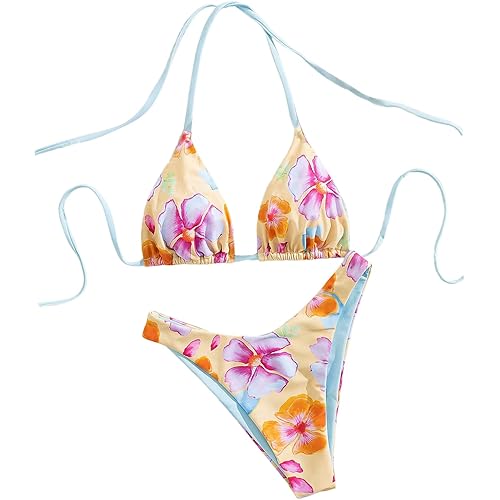 Women's High Cut Bikini Sets 2 Piece Floral Halter Triangle Swimsuits Cruise Wear