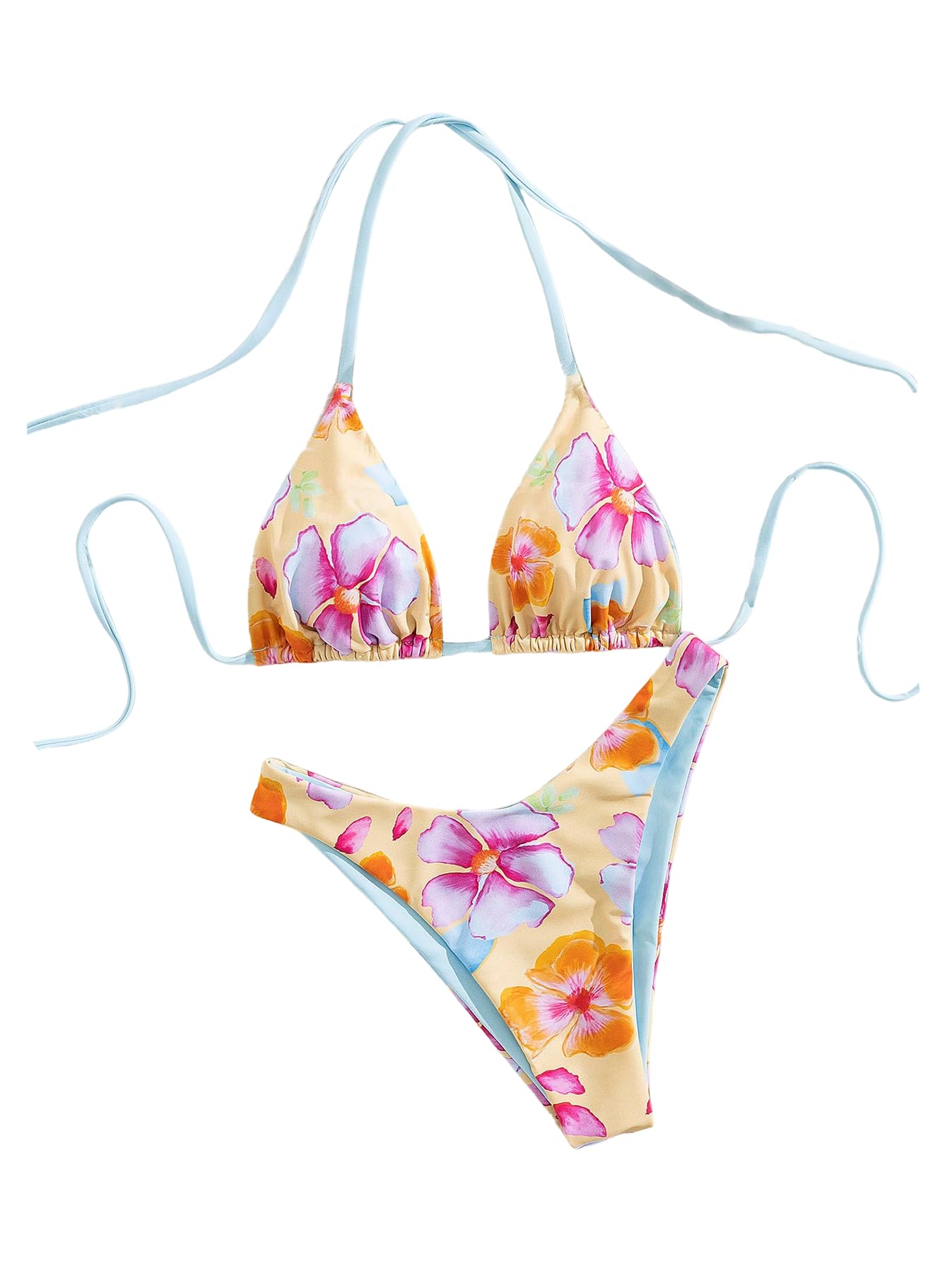 floerns Women's Floral High Cut Bikini Sets Halter Swimsuit Cheeky 2 Piece Bathing Suit-picture-39