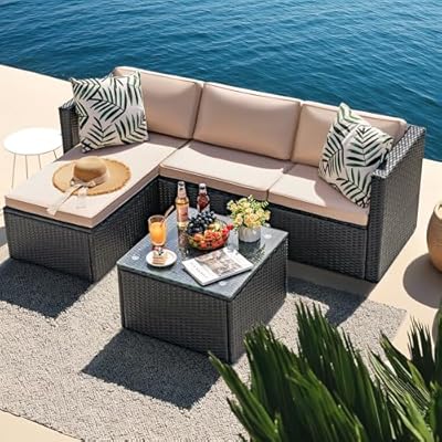Devoko 3 Piece Patio Furniture Sets Sectional Adjustable Conversation Set All-Weather Outdoor PE Wicker Rattan Patio Sofa with Cushions and Glass Table for Porch Poolside?Beige