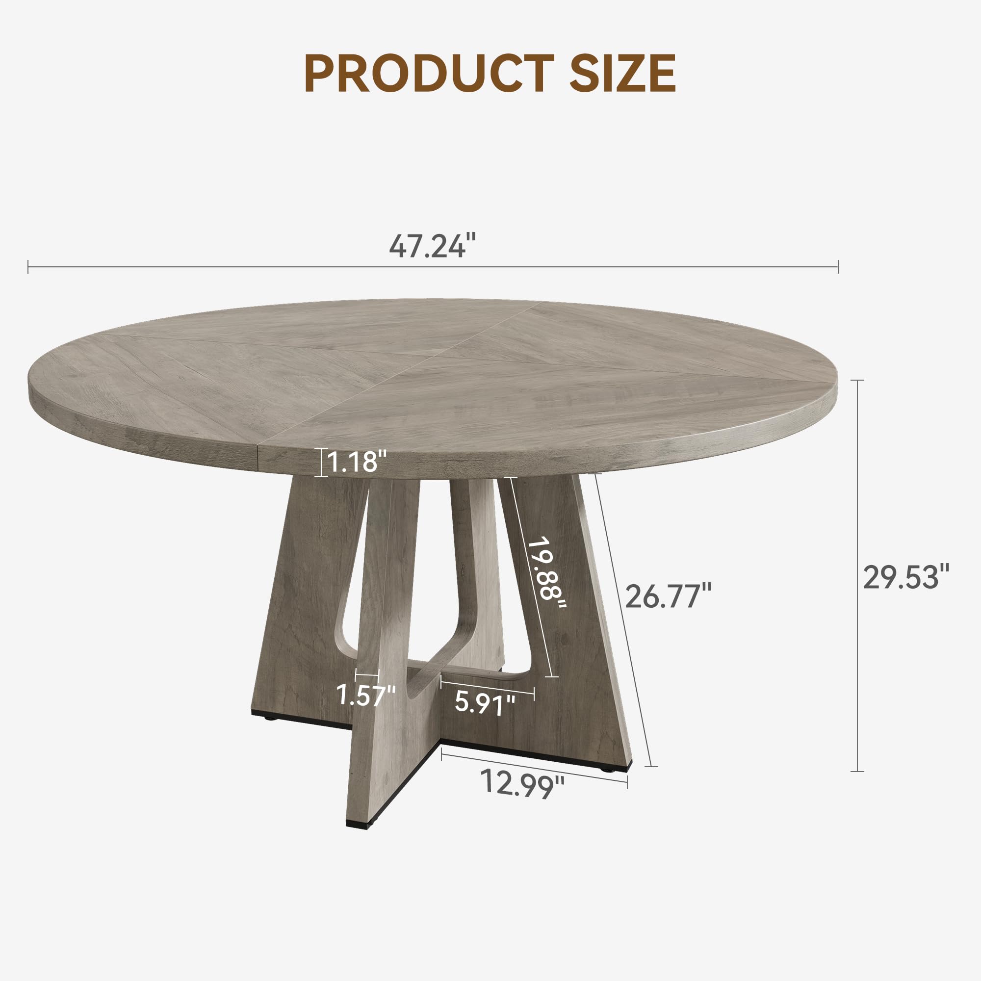 GarveeLife Mesa Redonda de Comedor 120 cm | Mesa de Cocina Veta Madera Gris Claro con Patas Geométricas, Tablero MDF Resistente, para 4-6 Personas, Solo Mesa sin Sillas
