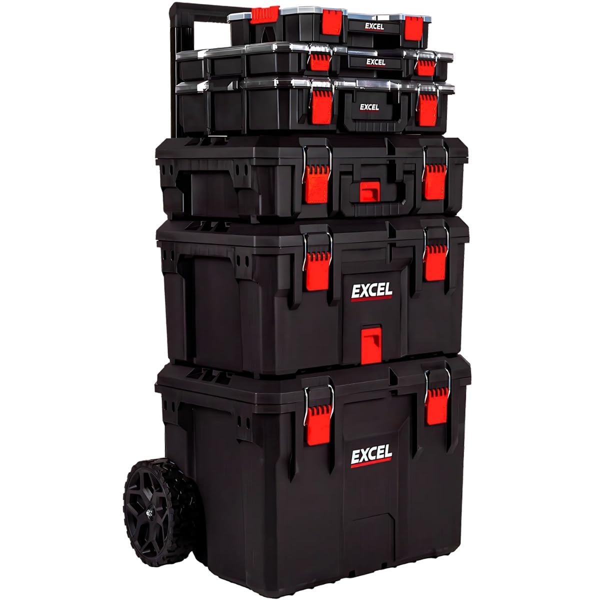 Excel Black Modular Tool Box Set – 6 Piece Heavy Duty Mobile Storage System With Organizer Drawers, Stackable Units & Durable Wheels For Tools, Garage, Diy, Construction, Workshop