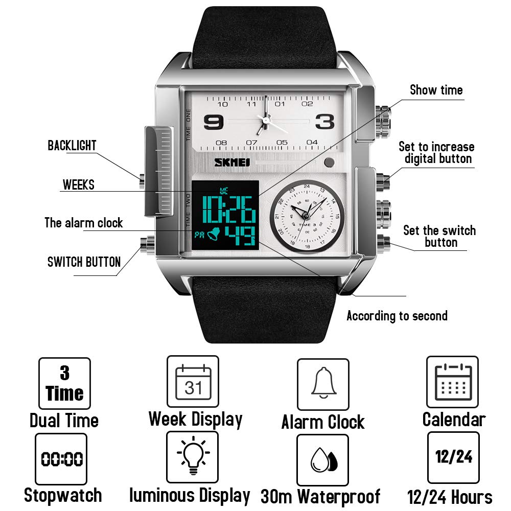 SKMEI Orologio da polso digitale sportivo da uomo, con quadrante quadrato grande, al quarzo, con cronometro impermeabile multi-fuso orario