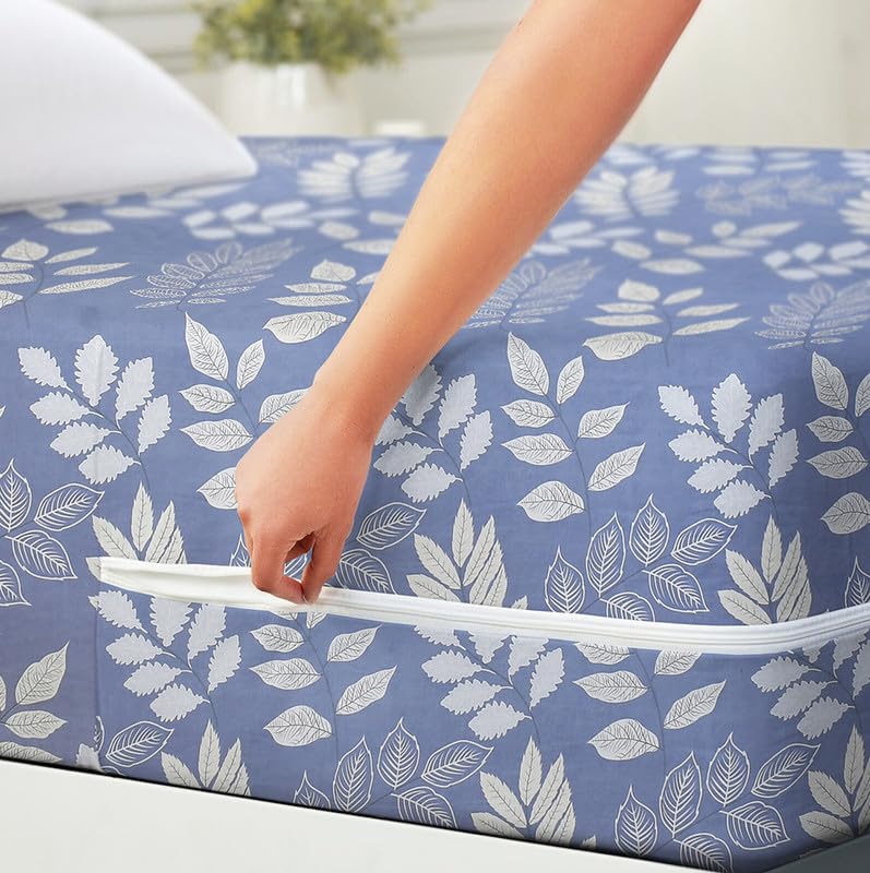 Image of HOMEKART Cotton Floral Printed Single Mattress Protector /Cover with Zipper Chain| All Around Protection with 360 Encasing| Breathable & Dustproof, 72x36x6 Inches -Blue & White