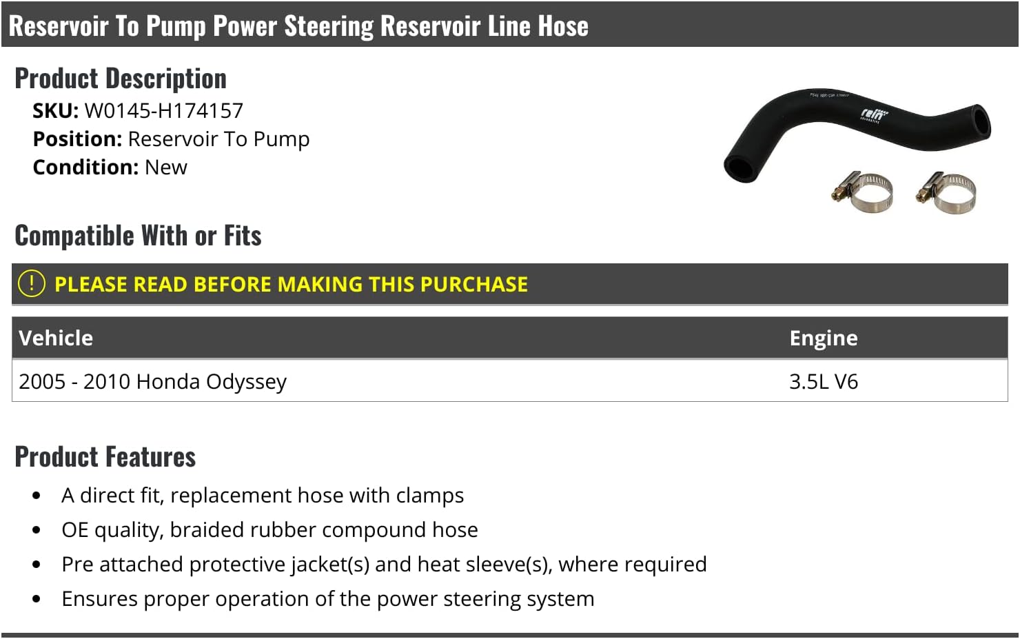 Marketplace Auto Parts Power Steering Reservoir Line Hose - Reservoir to Pump - Compatible with 2005-2010 Honda Odyssey 3.5L V6