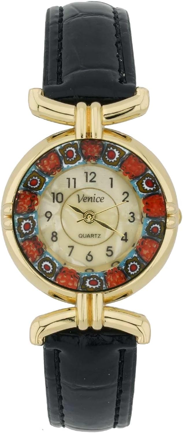 Glass Of Venice Murano Glass Millefiori Watch with Leather Band - Black