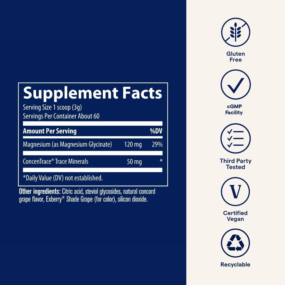 Trace Minerals Magnesium Glycinate Powder - Daily Magnesium Powder for Sleep Support - Calming Bedtime Drink - Natural & Gentle - Grape - 180g (60 Servings)