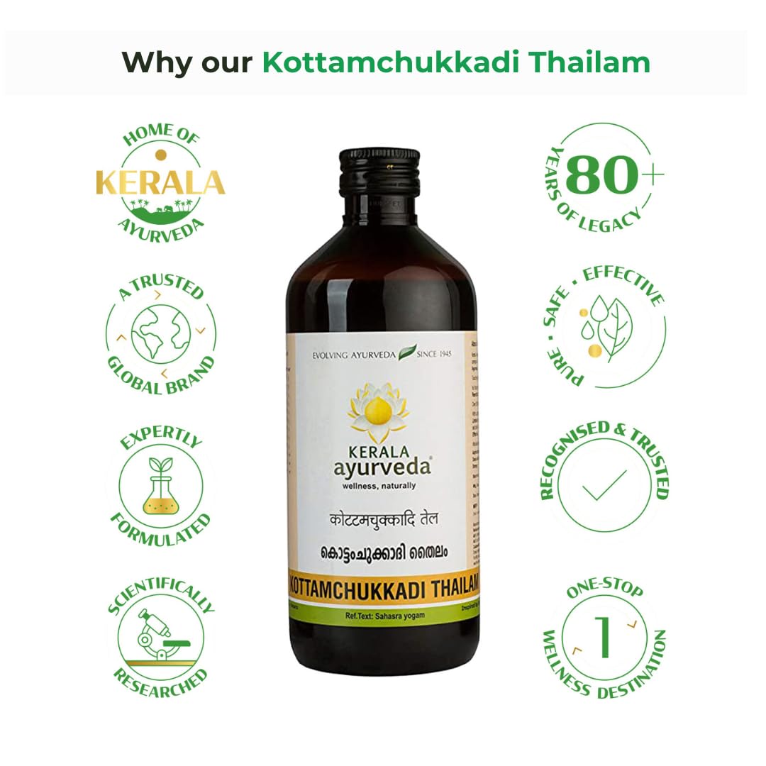 Kerala Ayurveda Kottamchukkadi Thailam 450 ML| For Tennis Elbow & Sports injuries | Relieves joint swelling and inflammation | Oil for Spondylosis| Cervical Spondylosis Pain Relief Oil | With Kottam, Chukku, Rasna, Devadaru in Sesame oil | 3
