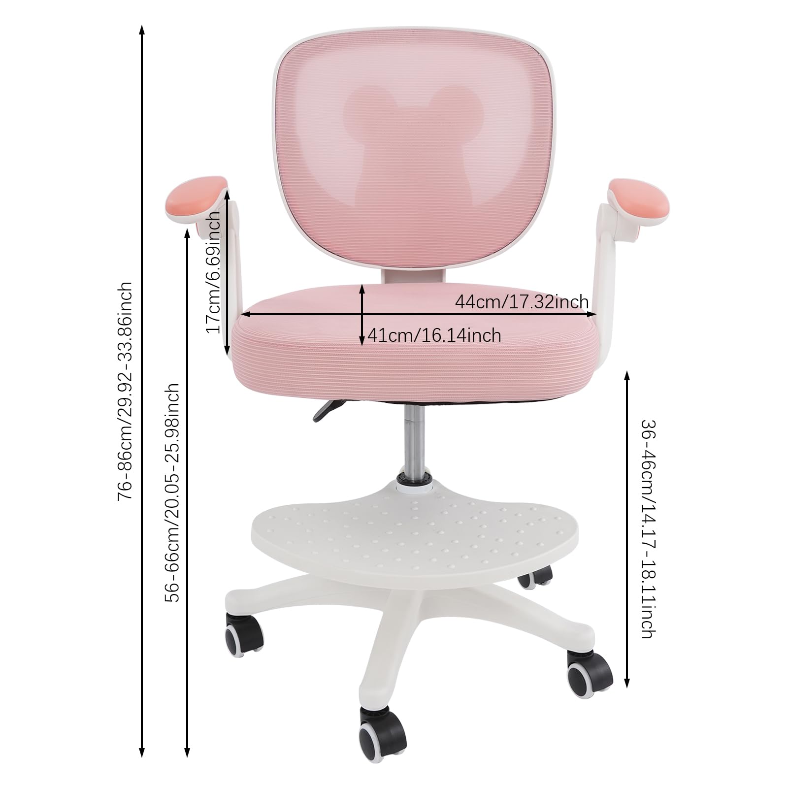 Silla de escritorio infantil giratoria 360°, altura regulable, silla infantil con respaldo y reposabrazos, para niños a partir de 6 años, silla giratoria de oficina con 5 ruedas, color rosa