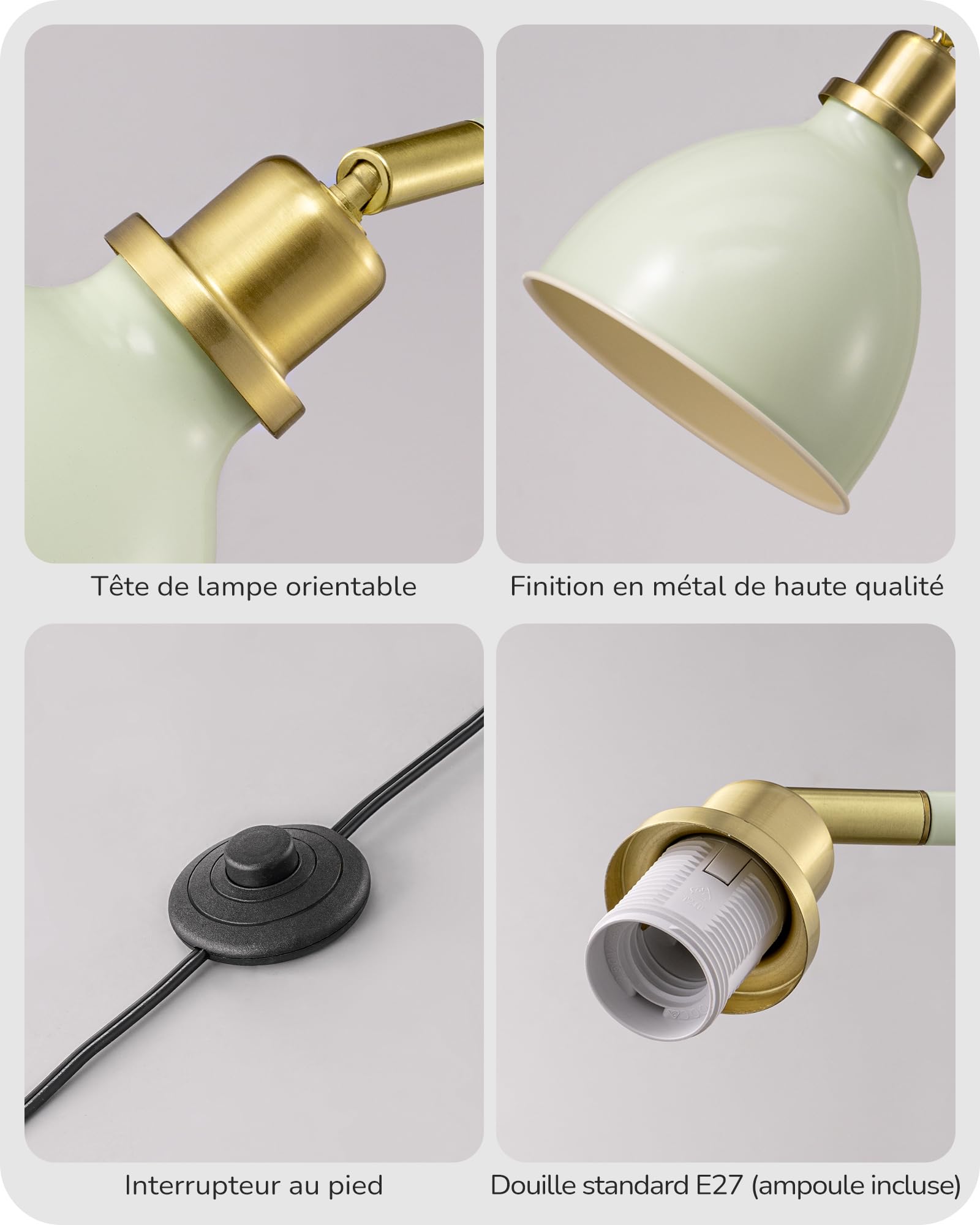 EDISHINE Lampadaire avec Tête en Métal Réglable, LED Incluse, Vert Clair
