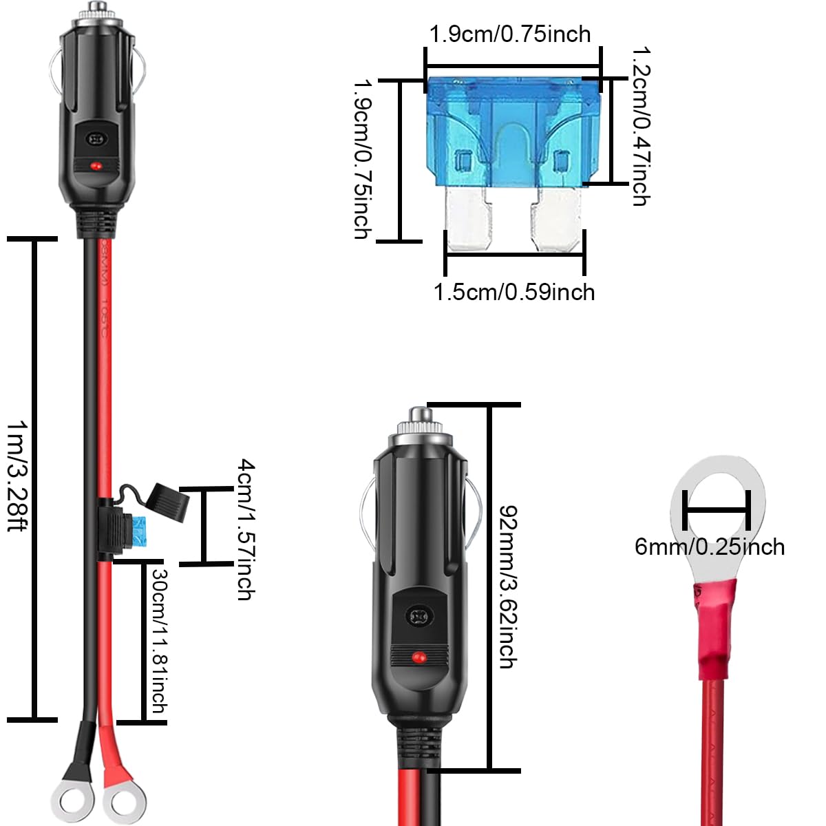 Presa accendisigari resistente Cavo adattatore accendisigari maschio 12 AWG a O-ring con scatola dei fusibili e spia LED per convertitore auto pompa aria barca(1m/3ft)