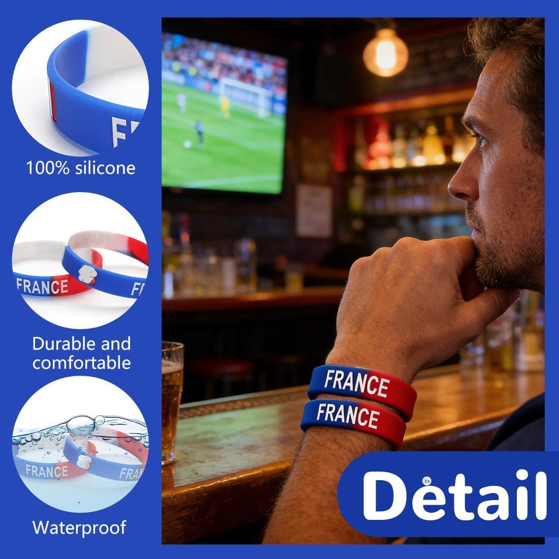 2 Silicone Bracelets with France Flag - Sports Bracelets for the World Cup, Gift for Football Supporters, Collectible Accessories, French Gadgets France Colourful Souvenirs