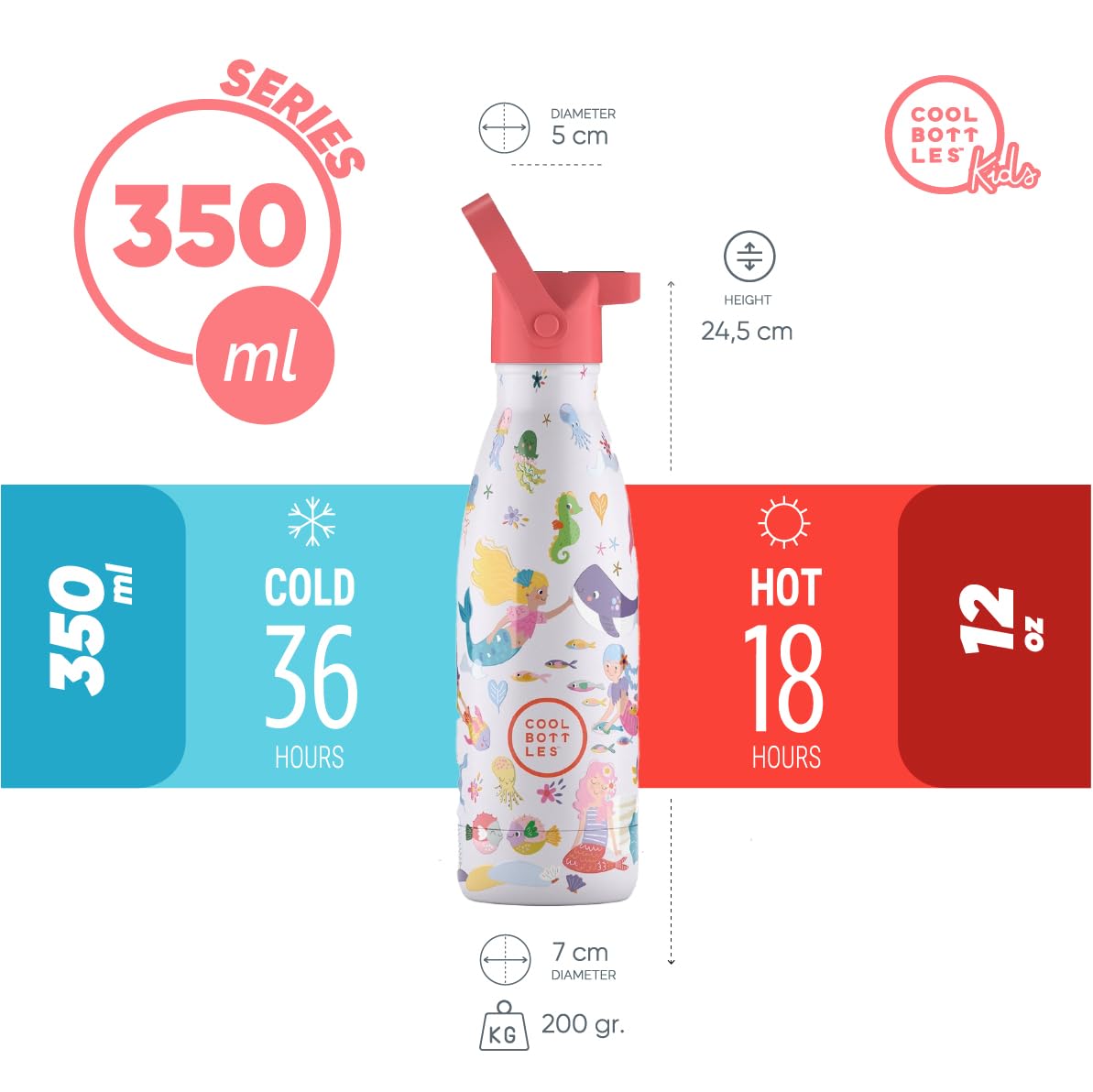 Cool Bottles - Termos dla dzieci – butelka na wodę ze stali nierdzewnej – 350 ml – Sweet Mermaids – zimne napoje 36 godzin i gorące napoje 18 godzin – bez BPA