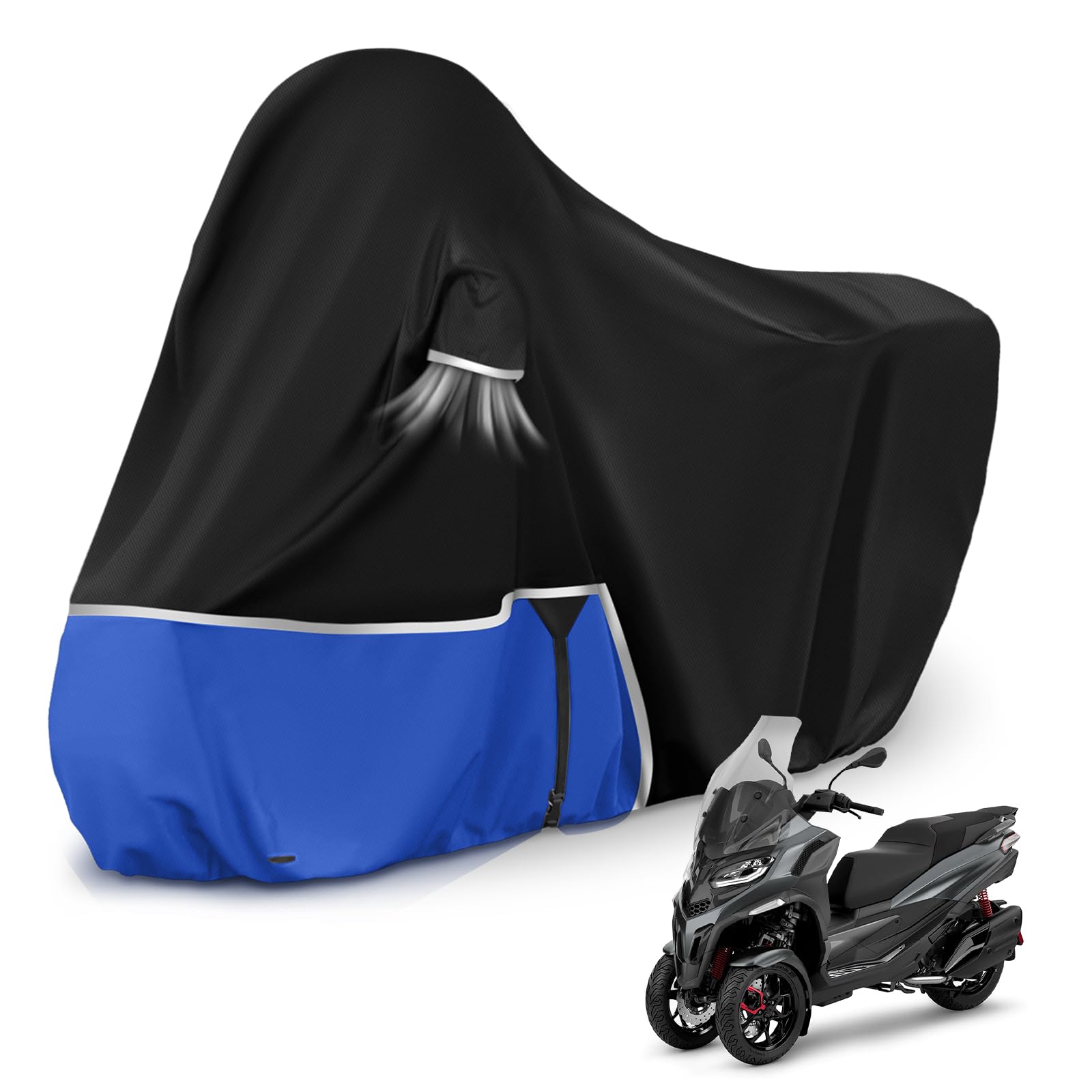 Motorradabdeckung Outdoor passend für Piaggio mp3 400/500 (Ohne Kofferraum) | Wasserdicht Winterfest Motorrad Abdeckplane Abdeckung 420D Oxford-Stoff Motorrad Abdeckung Plane, Schwarz & Blau