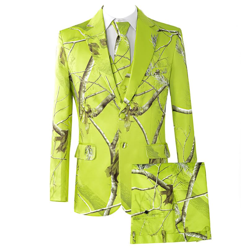 HBDesign Men's 3 Piece Fluorescent Green Camo Suit with Tie 2 Button Notch Lapel Blazer Vest and Trousers