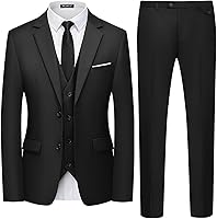 WULFUL Men's Slim Fit 3-Piece Suit Set: 2-Button Blazer Jacket, Vest & Elastic Waist Pants for Weddings, Parties, Business