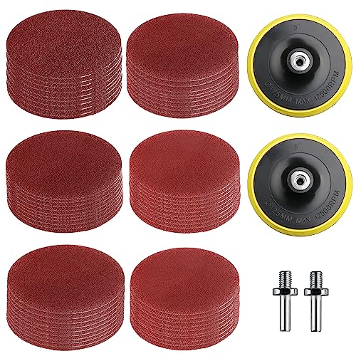 60 Piezas Lija Taladro Colocar, Papel Lija 40/80/120/180/240/320 Granos, con 2 Discos Autoadhesivos y 2 Piezas Bielas, Lijas 125mm para Lijado, Pulido, Glaseado
