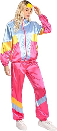 80s Track Suit for Women, 2 Piece Color Block Sweatsuits Neon Outfit Retro Sweatsuits for Themed Party
