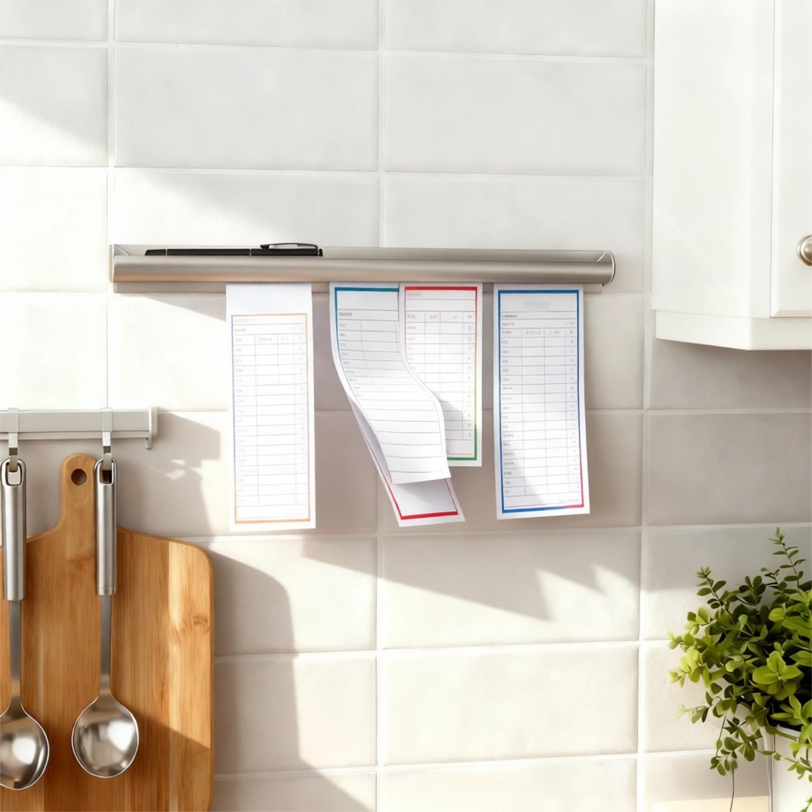 4 soportes de aluminio para recibos de cocina, 50 cm, con soporte para bolígrafo, no requiere taladrar