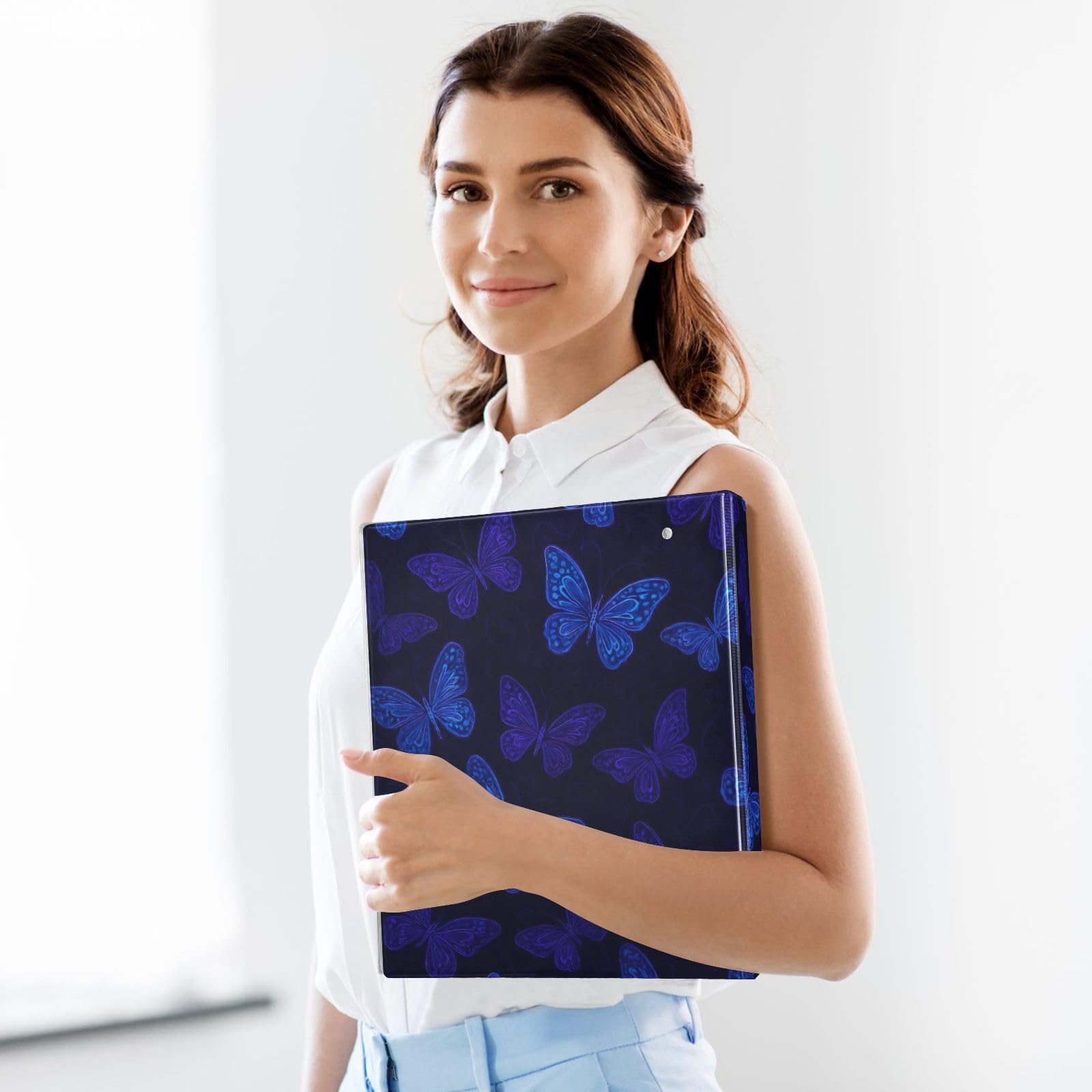 Carpeta de 3 anillas, mariposas azules y moradas brillantes, carpeta de anillos en D oscuro, paquete de 2 | Con portapapeles y bolsillos, para escuela, universidad, oficina
