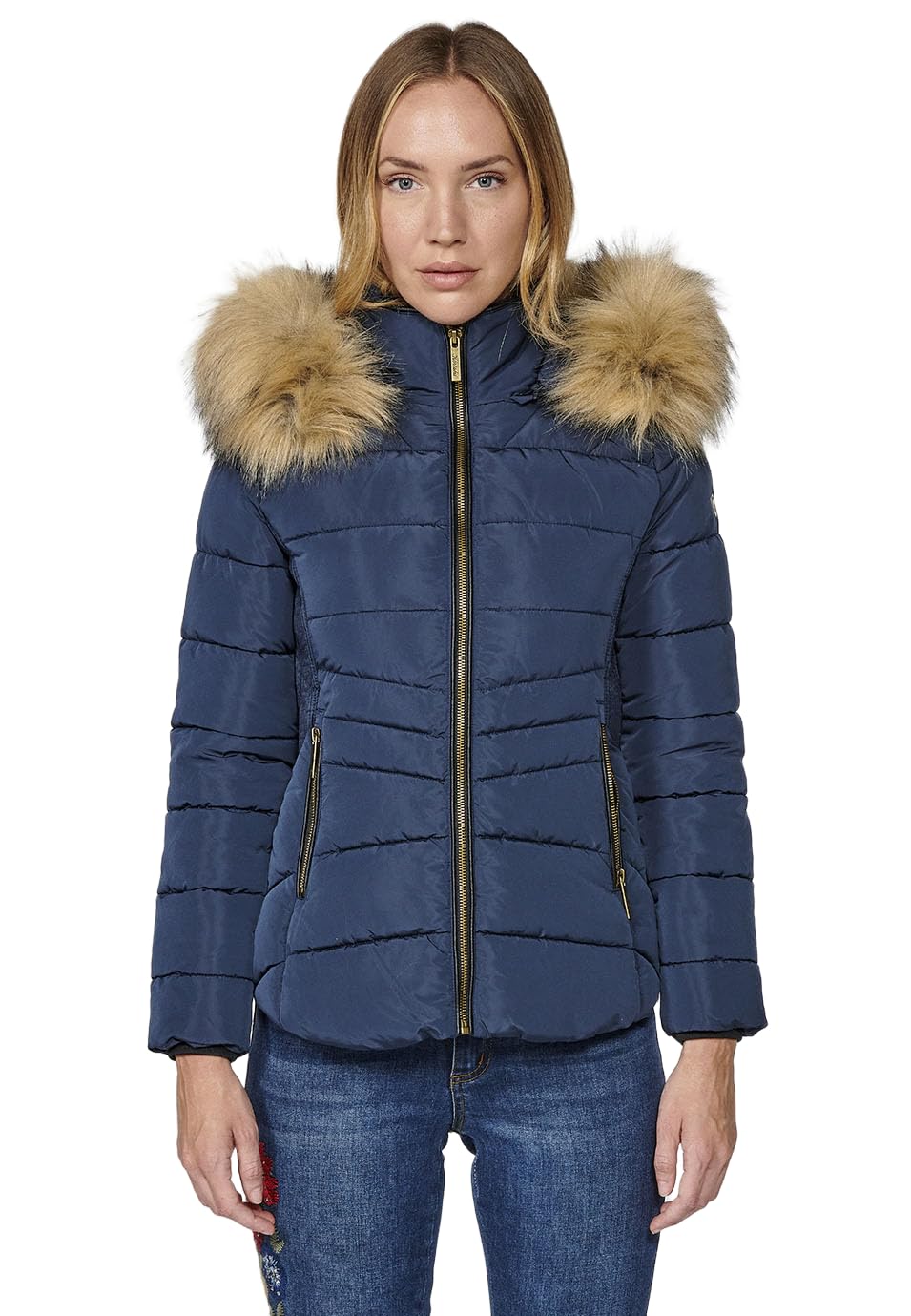 Koroshi NAVY - Giacca imbottita con cappuccio e colletto in pelliccia sintetica con chiusura frontale e cerniera, da donna