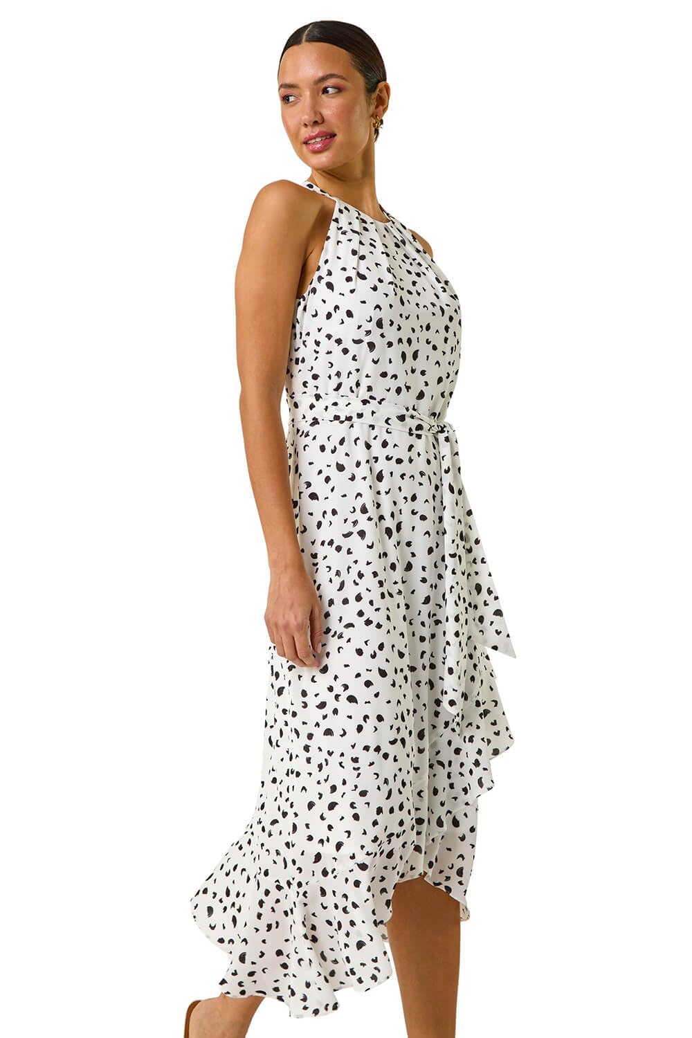 Roman Originals Women Halter Neck Frill Midi Dress - Ladies Special Occasion Evening Party Wedding Guest Print Ruffle Detail Sleeveless Round Neck Dresses - Spot Ivory - Size 20
