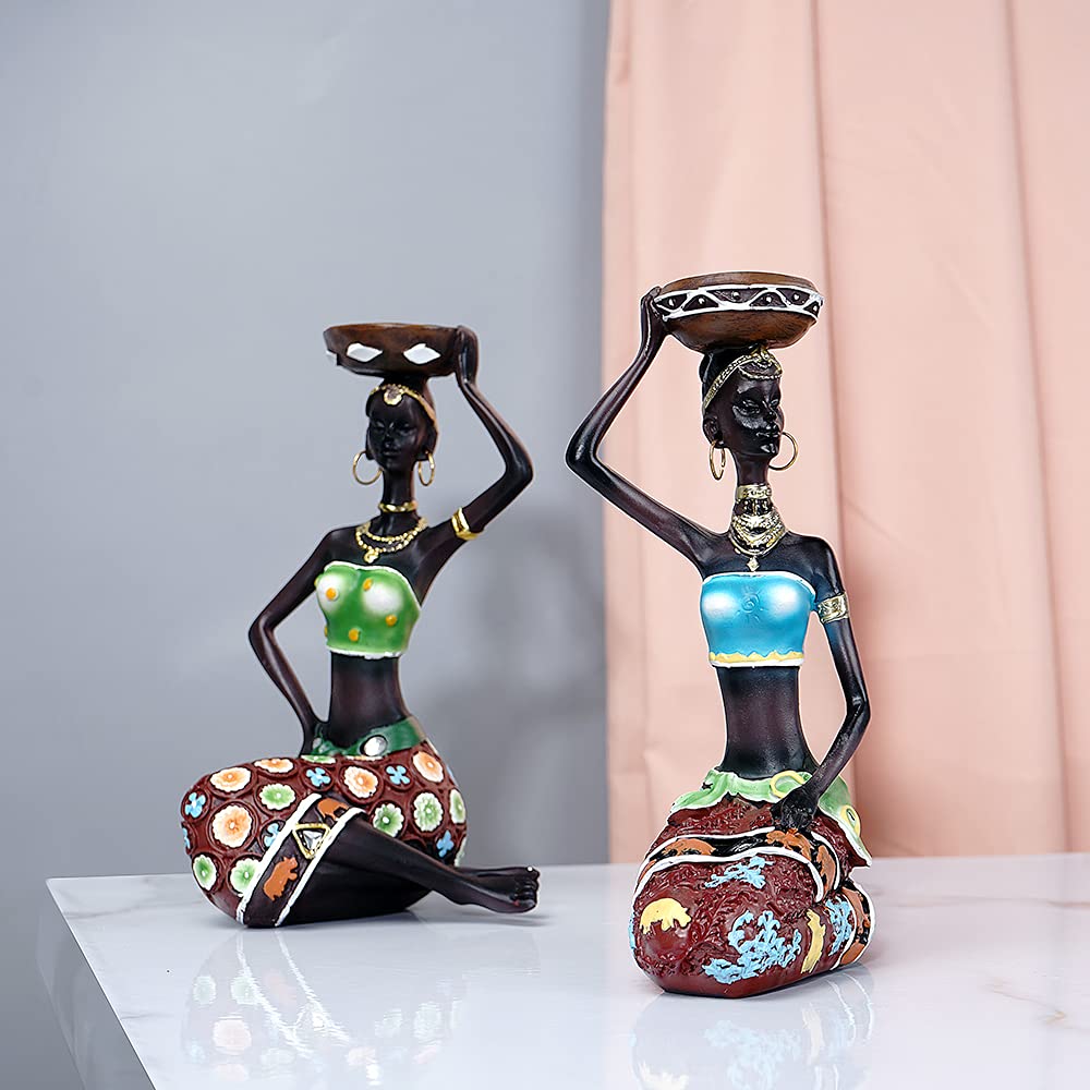 HYFAN Statua w stylu afrykańskim czarna kobieta świecznik europejski styl dekoracja vintage rzeźba prezenty retro figurki ręcznie robione świeczniki ozdoby do domu stołu w jadalni (czarny, opakowanie 2 szt.)