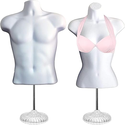 White Male + Female Hollow Back Mannequin Torso Set w/ Acrylic Stand with Metal Pole, S-M Sizes (1)