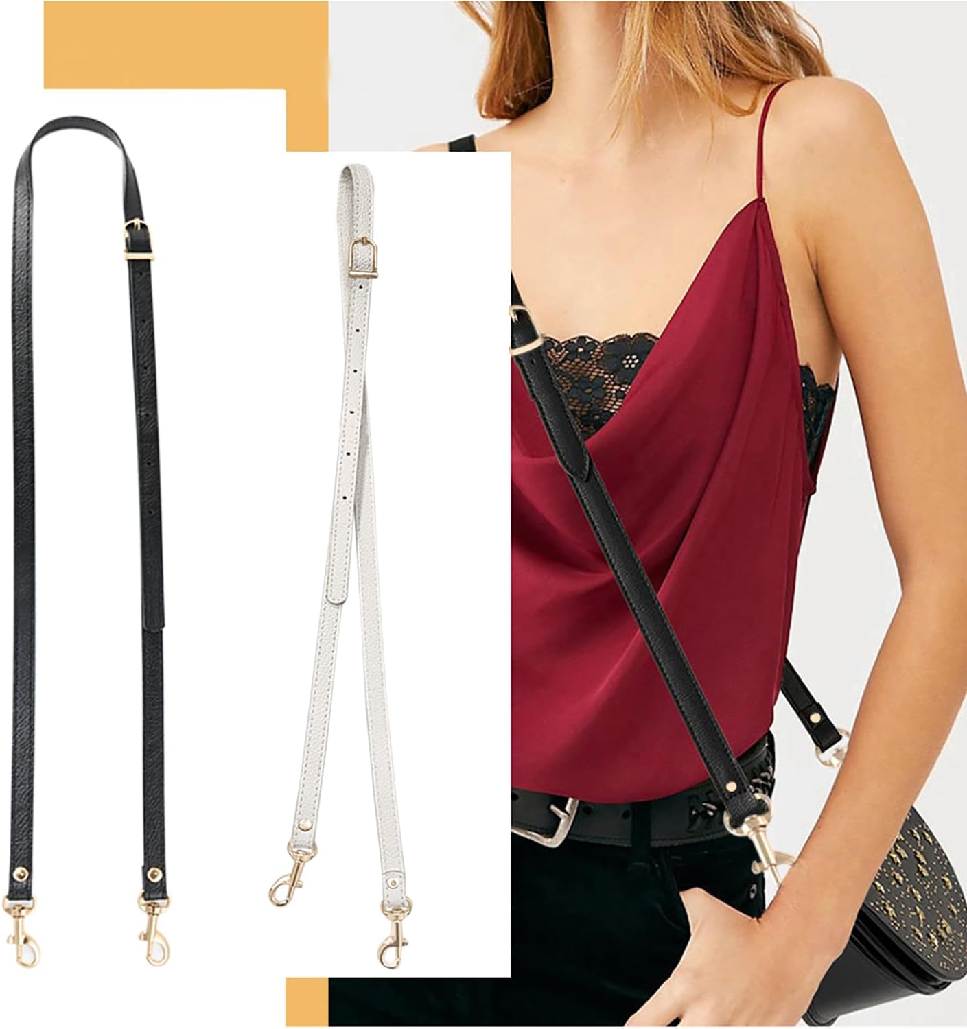 Leather Straps Replacement for Handbags,Purse Strap, Purse Straps Crossbody Replacement Adjustable (Black with Gold Buckle)