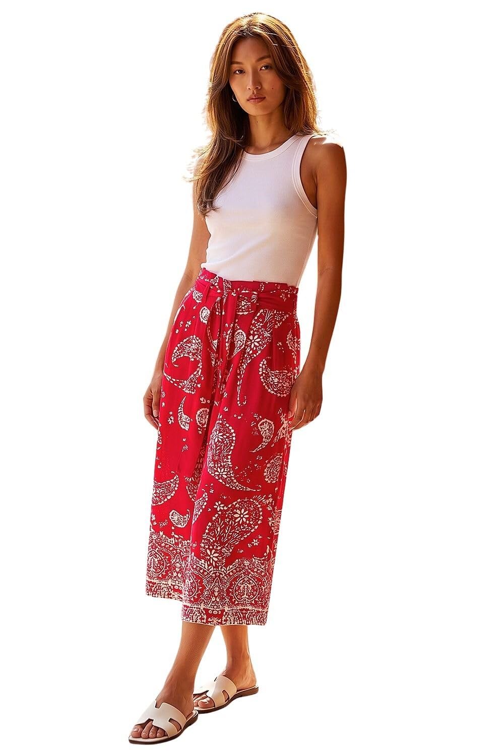 Roman Paisley Print Wide Leg Cropped Trousers, Red, Size 18, Women