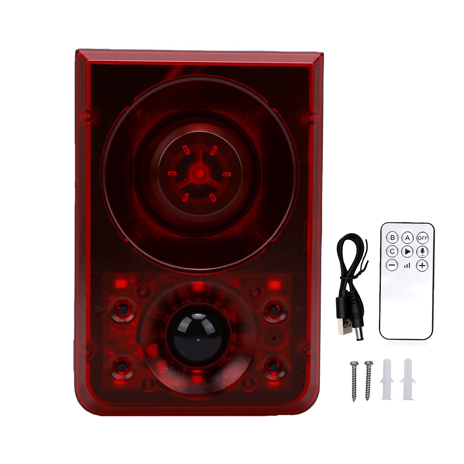 Allarme Solare con Sensore di Movimento, Sirena 130dB, | Custodia in ABS, Sicurezza per Frutteti, 13 Effetti Sonori, Registrazione Vocale, Ricarica USB, Deterrente per animali.