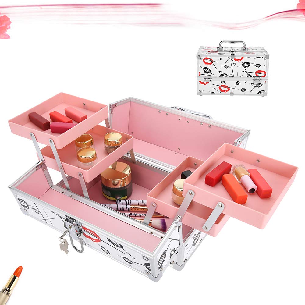 Jiawu Scatola Porta Cosmetici Portatile con Manico, Custodia Organizer per Trucco Donna di Grande capacità - Pelle PU e Alluminio, Custodia Multilivello per Gioielli, Resistente Alla Ruggine, 3