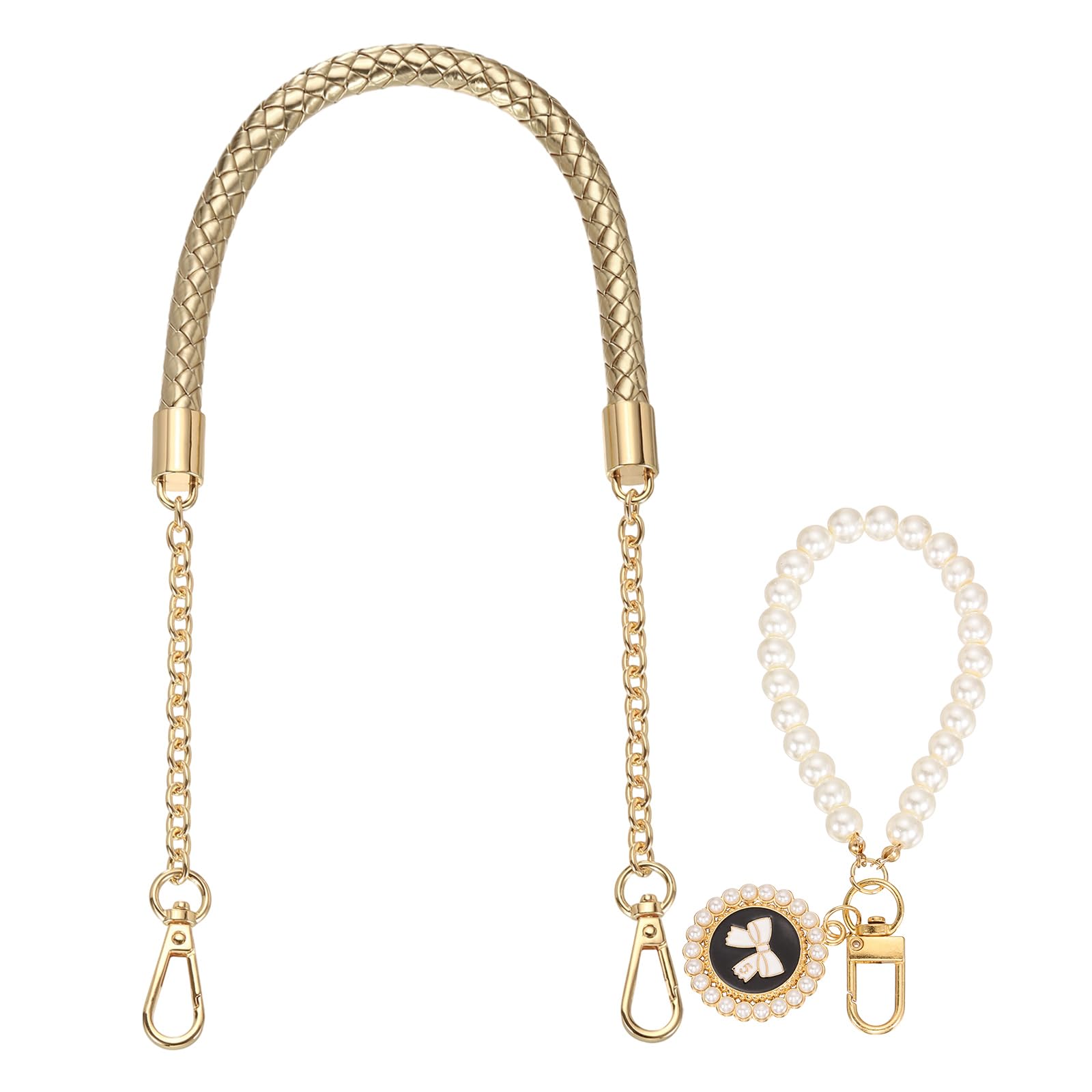 sourcing map PU Leather Chain Purse Strap, 24.4 Inch Braided Purse Handle Replacement with Pearl Pendant for Handbags Underarm Bag Tote (Light Gold, Light Gold Buckle)