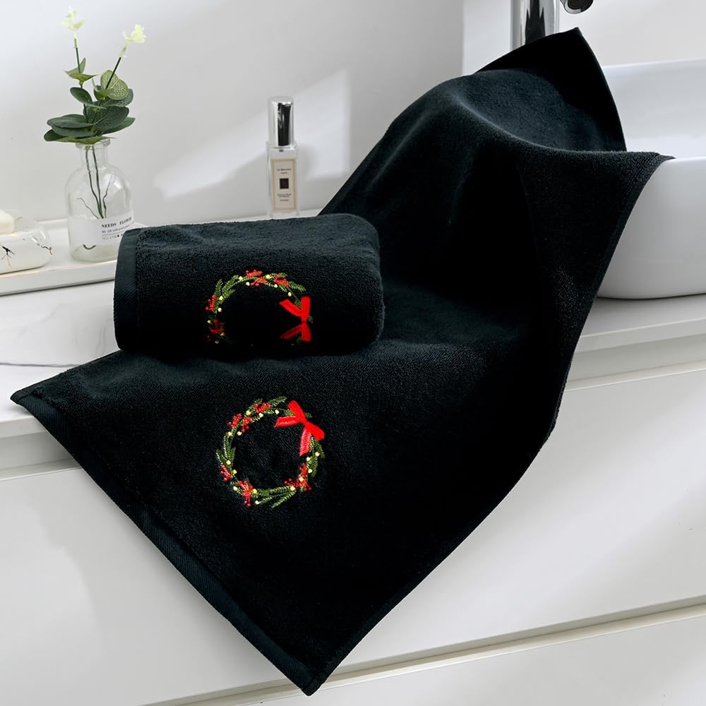 sense gnosis Black Hand Towel Set of 2 Luxury 100% Cotton Thick Ultra Soft Highly Absorbent Christmas Wreath Decorative Embroidered Hand Towels for Bathroom 13 X 29 Inch