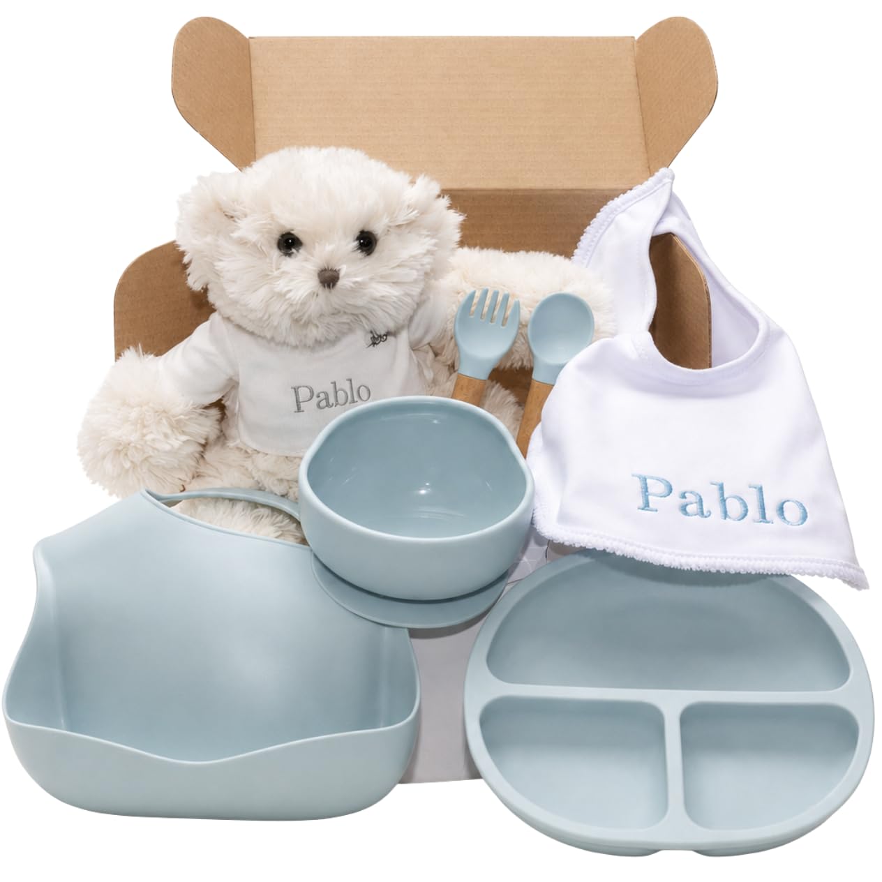 Bestickte Decke mit Namen und Geschirr aus Silikon, umweltfreundliches Geschenk für Babys, Geschenkset für Jungen und Mädchen (Geschirr + Lätzchen + Teddybär, Blau) | BebeDeParis | Silikongeschirr + personalisiertes Zubehör (Blau | Geschirr + Lätzchen + B