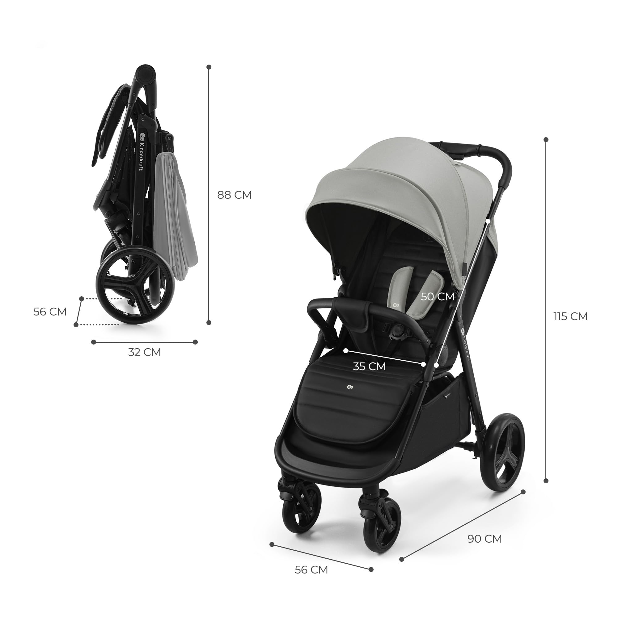 Kinderkraft RINE Buggy bis 22 kg, Kinderwagen, Mit einer Hand zusammenklappbar, wasserfestes Verdeck mit UPF50+ Filter, liegende Position, Getränkehalter im set, Grau