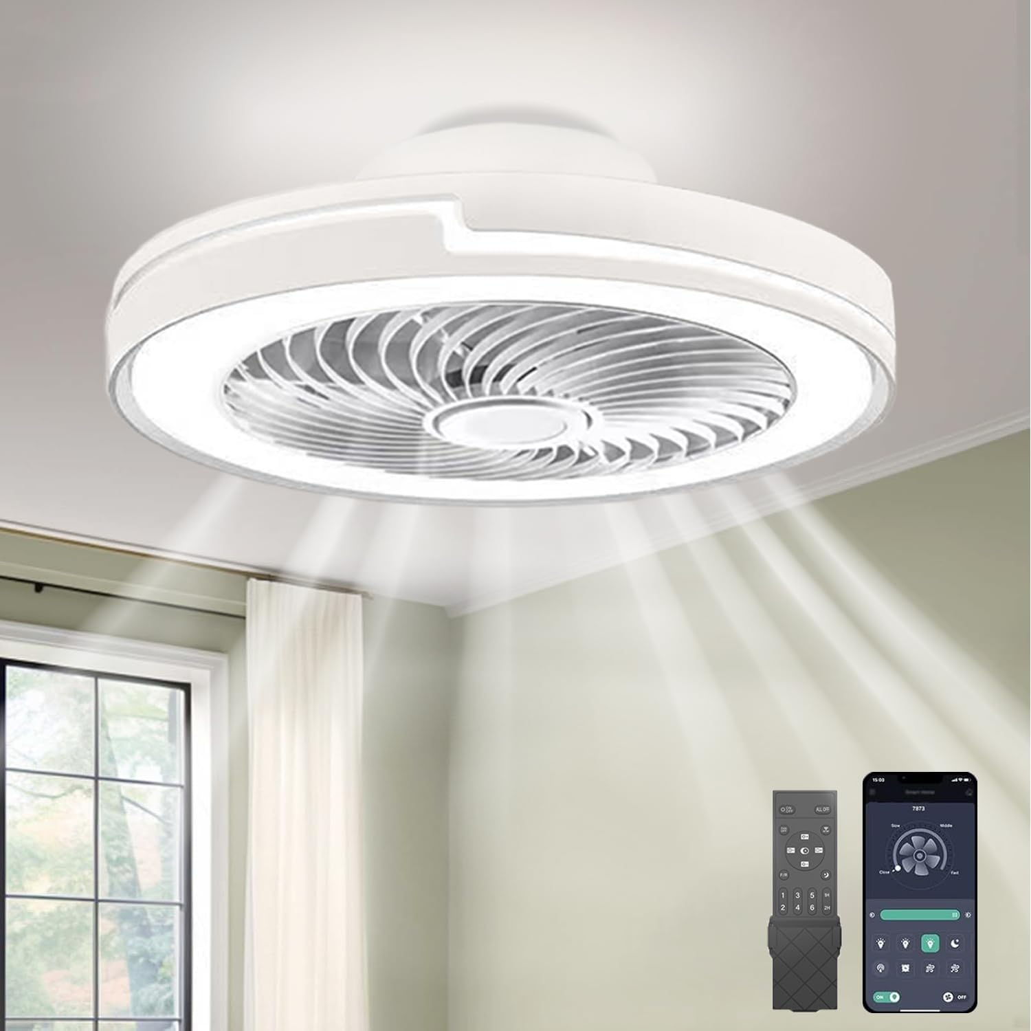 Ventilateur de plafond avec lumière 6 vitesses silencieux 50 cm blanc design moderne