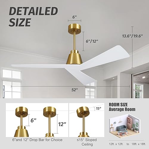 Miniatura 6 de Ventilador de techo de 52" sin luz con control remoto, ventiladores de techo modernos para patios, dormitorio, casa de campo, 3 aspas, ventilador de