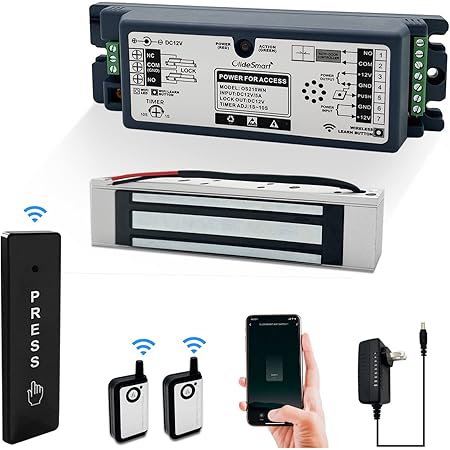 2.4GHz WiFi Access Control 400lb Holding Force Electic Magnetic Door Lock System Kit with Remote and Smartphone app Control, paired with Wireless Slim Push Switch (Electric Magnetic Lock kit)