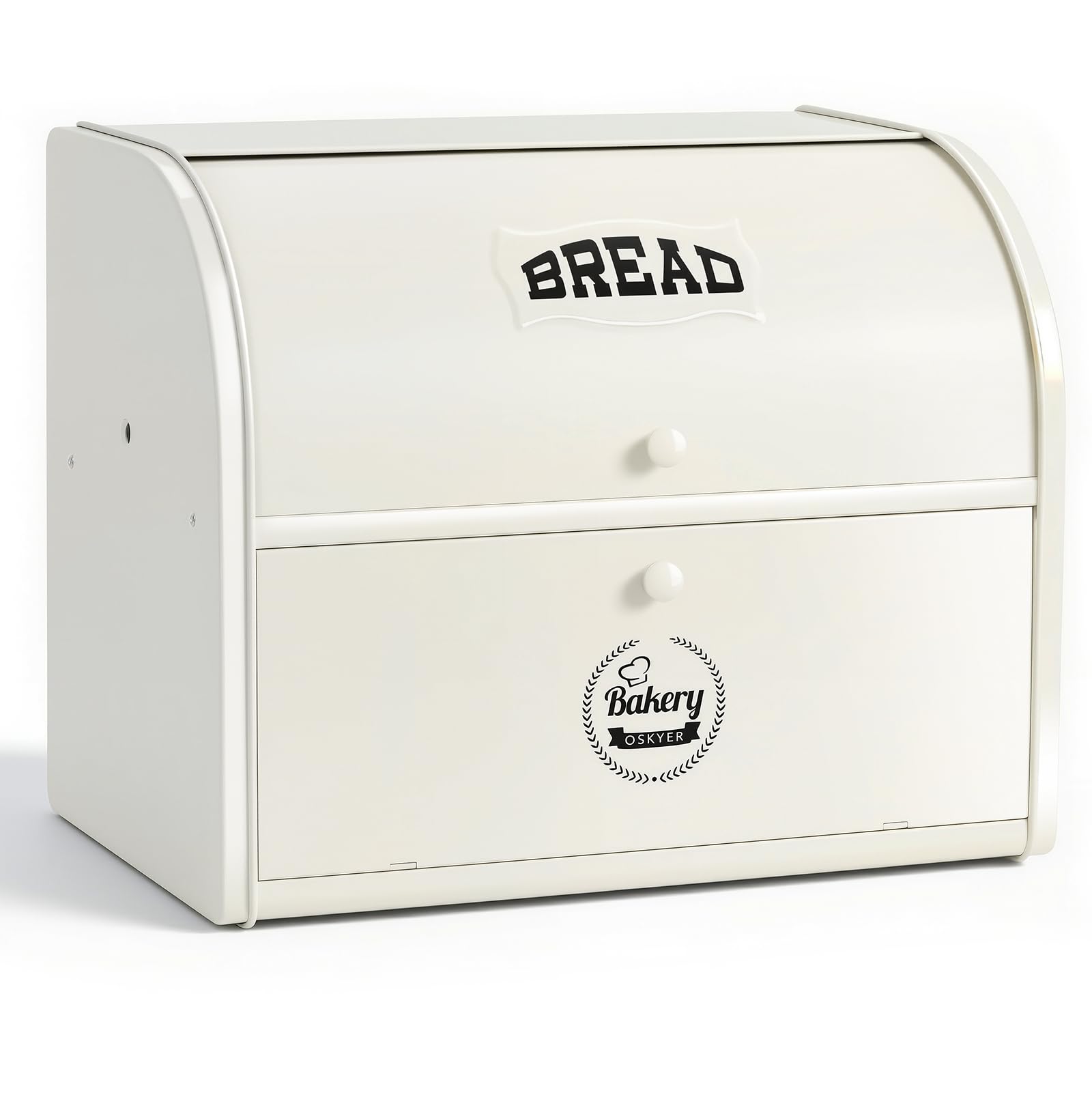 Edelstahl Brotkasten 2 Etagen mit Rolltop Deckel, extragroßer Brotbox Schwarz, Metall Brotbehälter bereits montiert, 40x24x32 cm Küchenaufbewahrung, geeignet für Gebäck und Kekse, Milchweiß