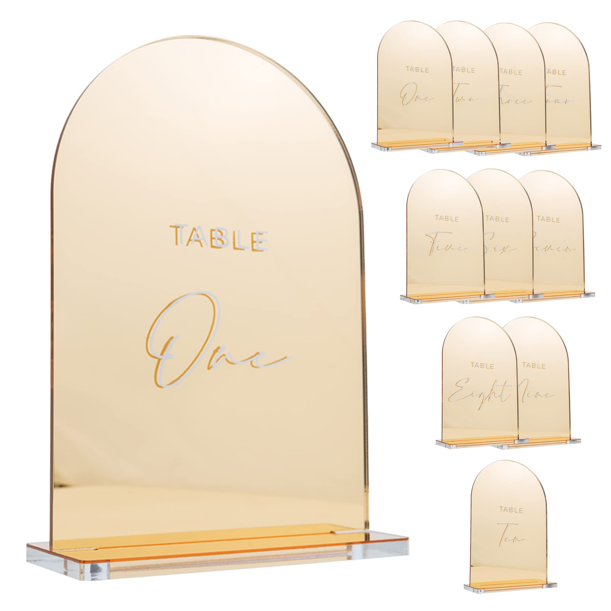 daphie&mae Gold Table Numbers 1-10 - Acrylic Mirrored Wedding Table Numbers with Larger Base for Better Stability - Calligraphy Table Numbers for Wedding Reception, Engagement - 4.7 x 6.7 Inches (Gold Arch 1-10)