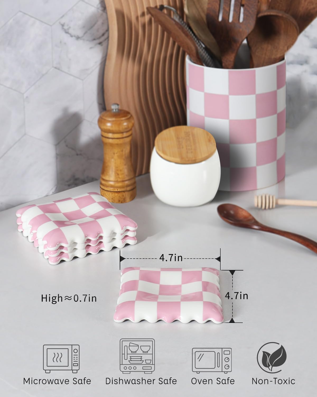 Checkered Spoon Rest and Utensil Holder Pink
