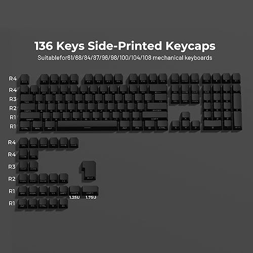 Miniatura 5 de XVX - Teclas PBT Teclas de impresión lateral 60 65 75 100 %, doble brillo a través de tapas de teclas personalizadas, juego de 136 teclas negras,
