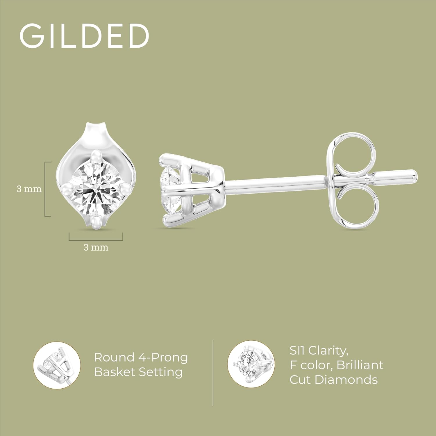 Gilded Lab-Grown Diamond Stud Earrings for Women| 925 Sterling Silver Studs and 14KT Gold 925 Plated Silver | Hypoallergenic Fine Jewelry | 4-Prong Basket, Push Back Nut | Round Cut, SI1 Clarity, F Color | 1/10,1/5,1/4,1/3,3/8,1/2,3/4,7/8,1 Carat Total Weight - Image 4