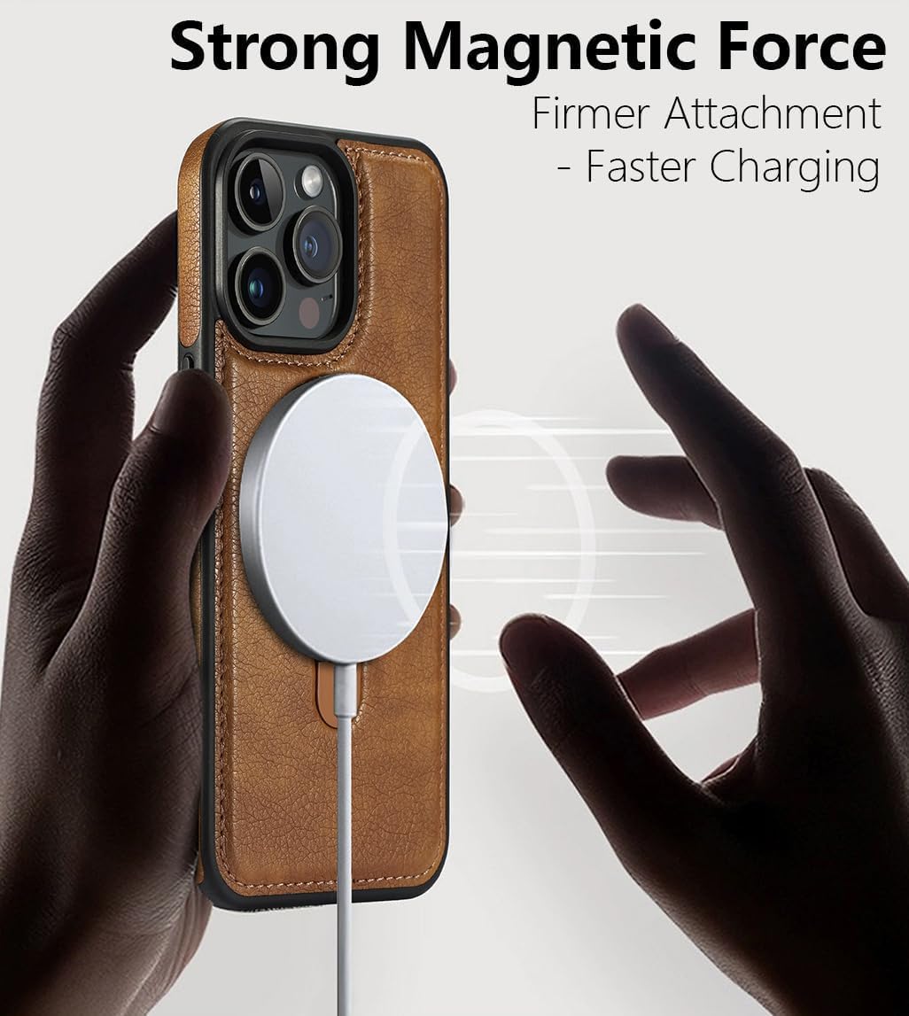 Magnetic for iPhone 16e Leather Case,Invisible Stand [Compatible with Magsafe] Slim Kickstand Phone Cove (Brown, iPhone 16e - 6.1'') - Image 3